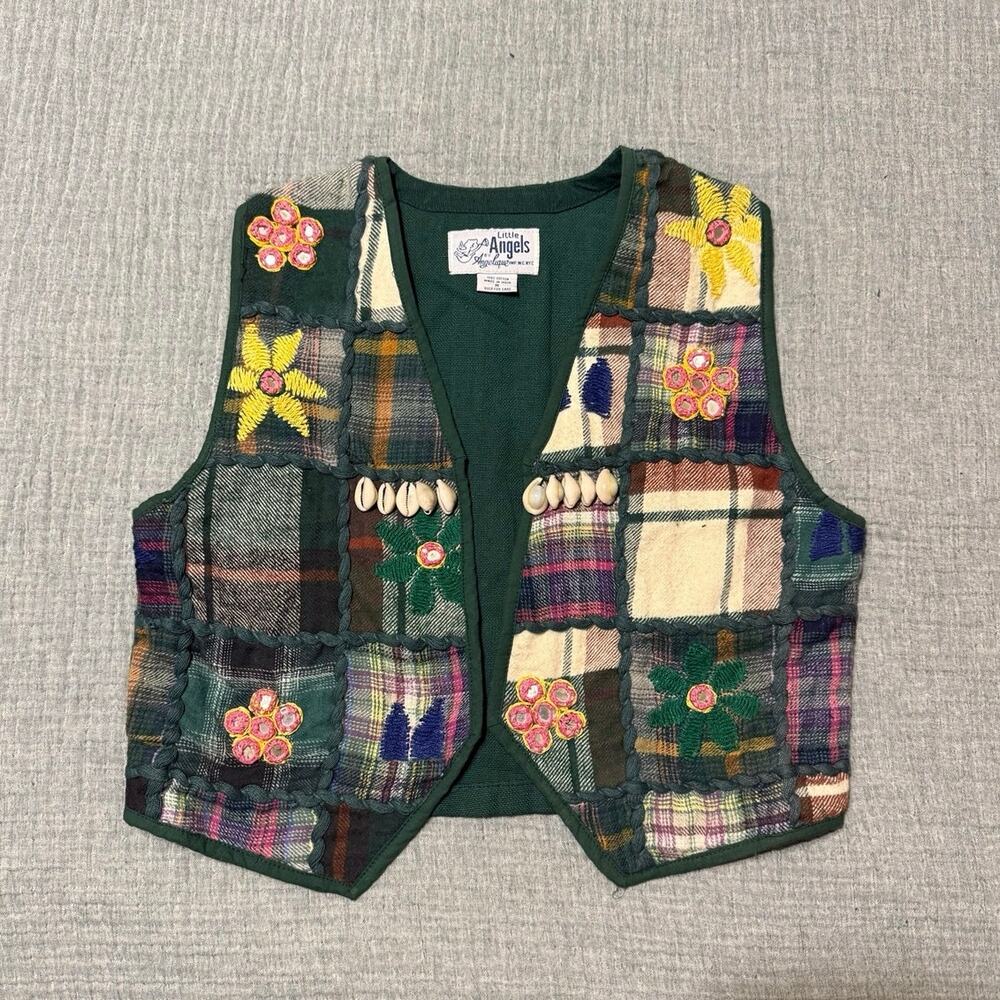 VTG Little Angels Angelique Cottage Core Mixed Patchwork Vest Sz M Shells Granny